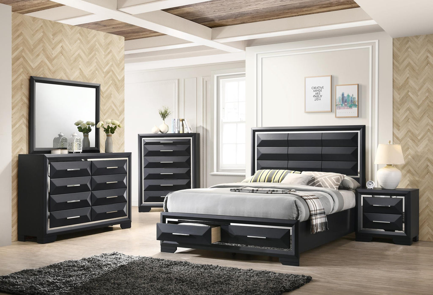 Lynn Charcoal 4 PC (King Storage Bed, Dresser, Mirror, Nightstand) Bedroom Set B240-King-4PC