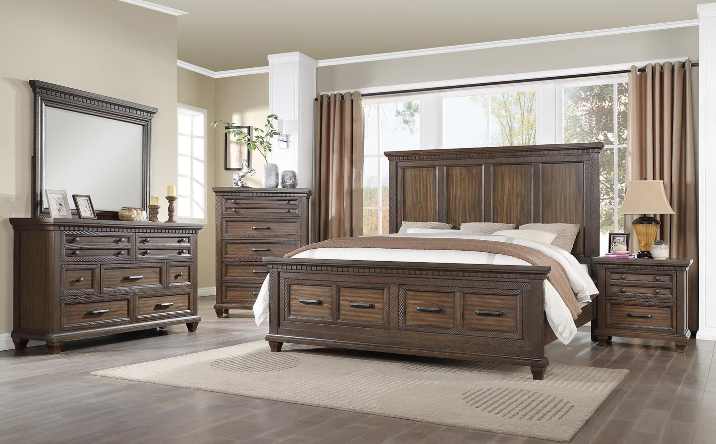 Jaxson Brown 4 PC (King Bed, Dresser, Mirror, Nightstand) Bedroom Set B465-King-4PC