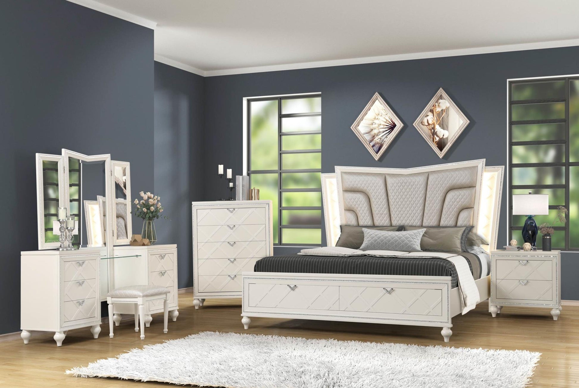 Grace Pearl White 3 PC (Queen Bed, Vanity with Stool) Bedroom Set B500-Queen/Van-3PC