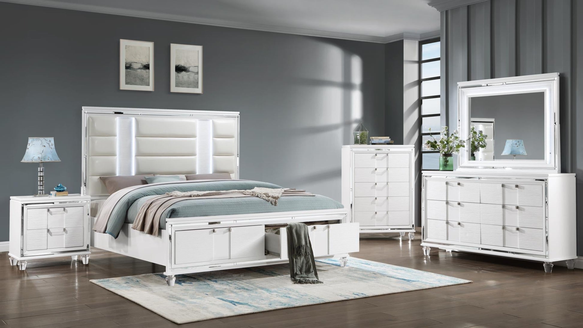 Gina White 5 PC (Queen Bed, Dresser, Mirror, Nightstand, Chest) Bedroom Set B535-Queen-5PC