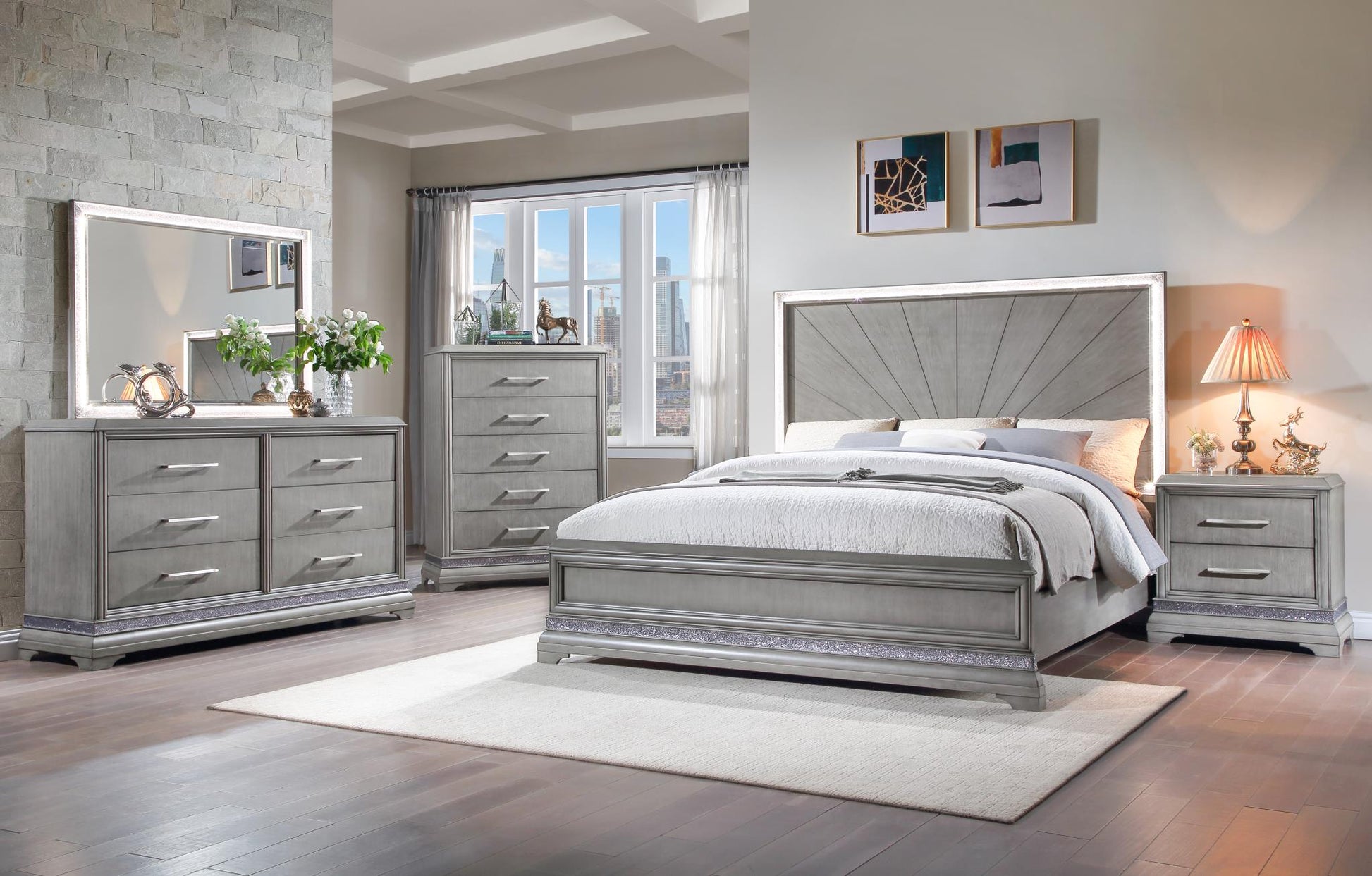 Jordan Gray 3 PC (Queen Bed, Dresser, Mirror) Bedroom Set B545-Queen-3PC