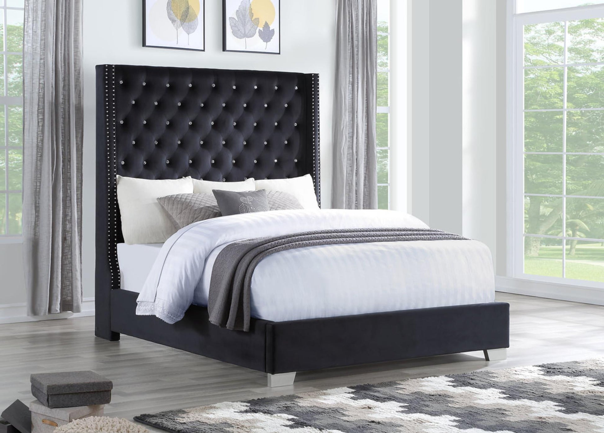 Annah Black King Velvet Bed BR228BLK-King Bedroom