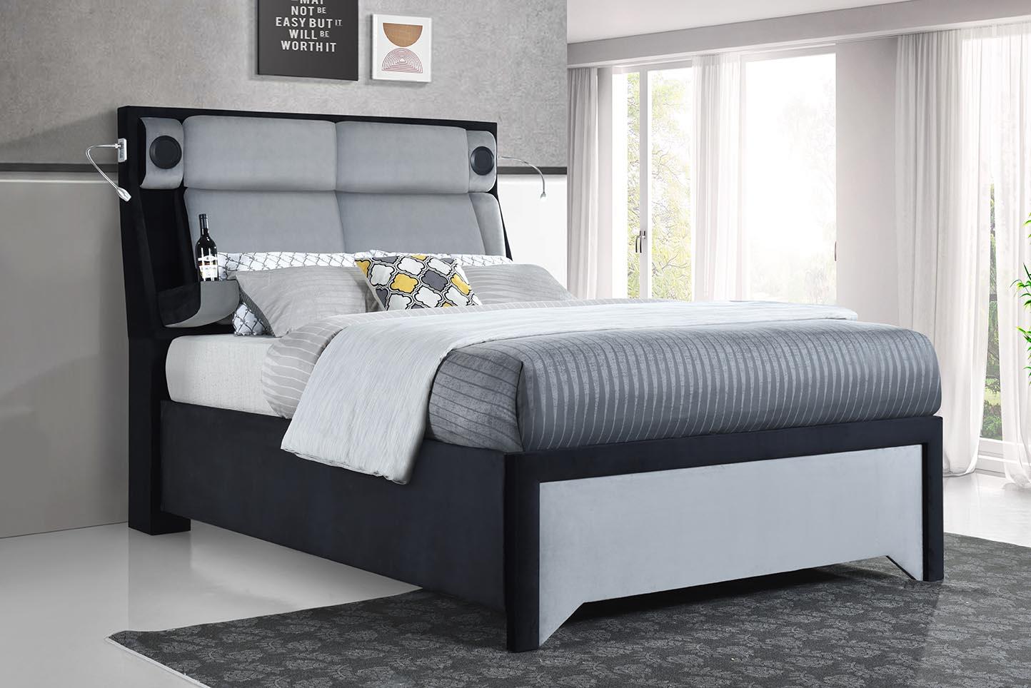 Leen Gray & Black Velvet King Bed with Speakers BR4500-King Bedroom