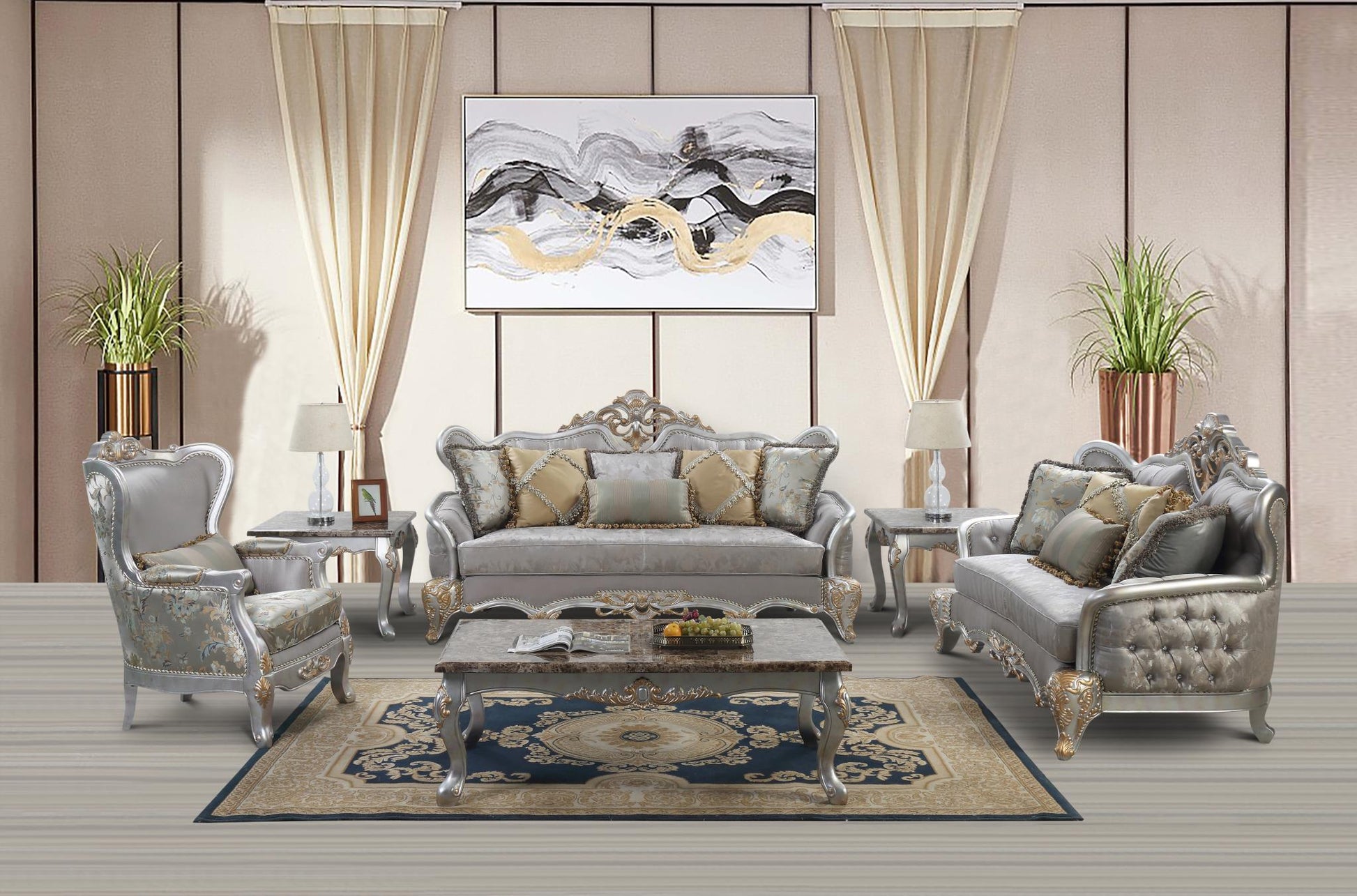 Gio Silver 5 PC  (Sofa and Loveseat and Chair and Coffee Table and End Table) Living Room Set L250-5PC