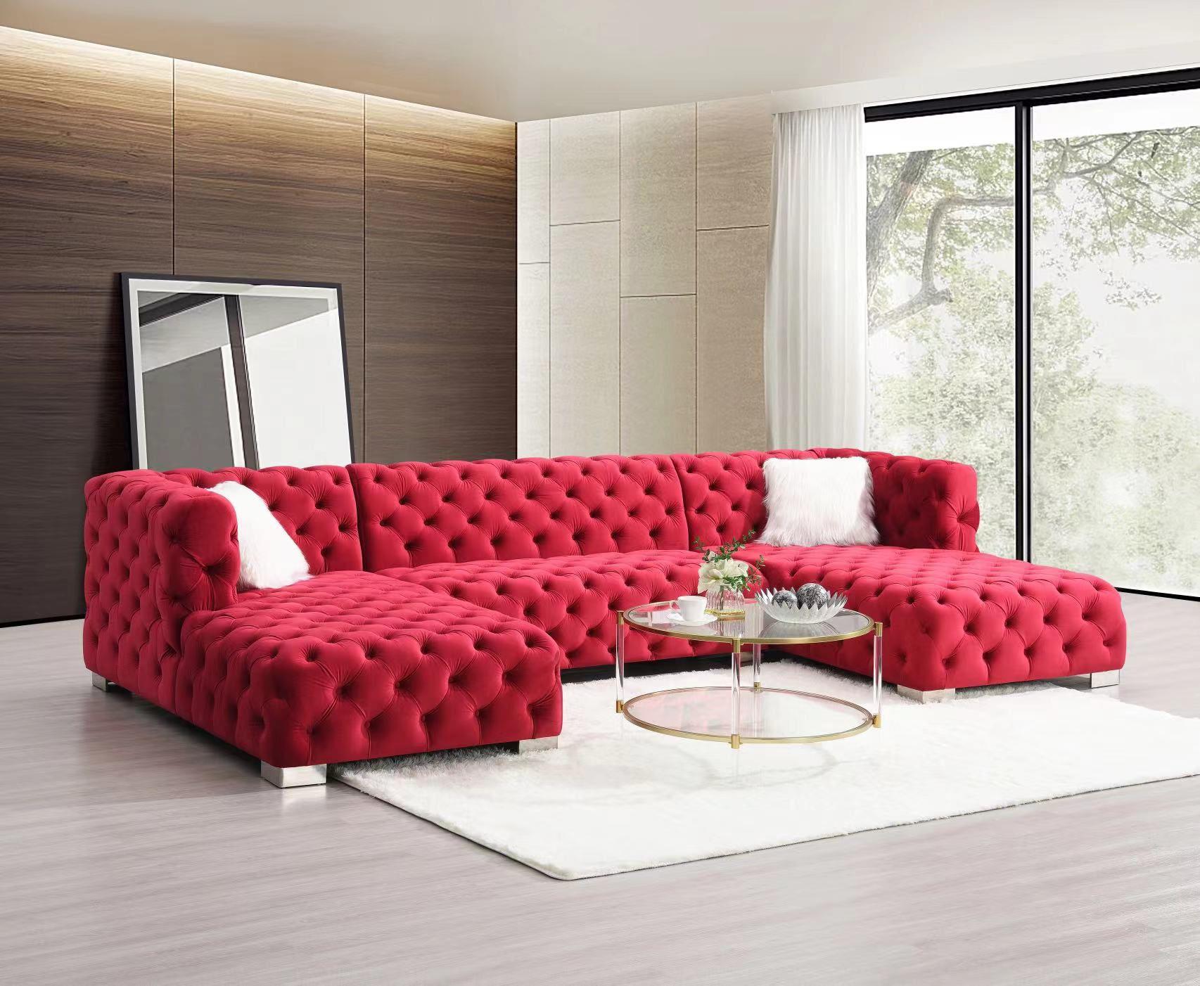 Quinn Red 3 PC Red Velvet Sectional Living Room Set L707-RED-3PC-Sectional