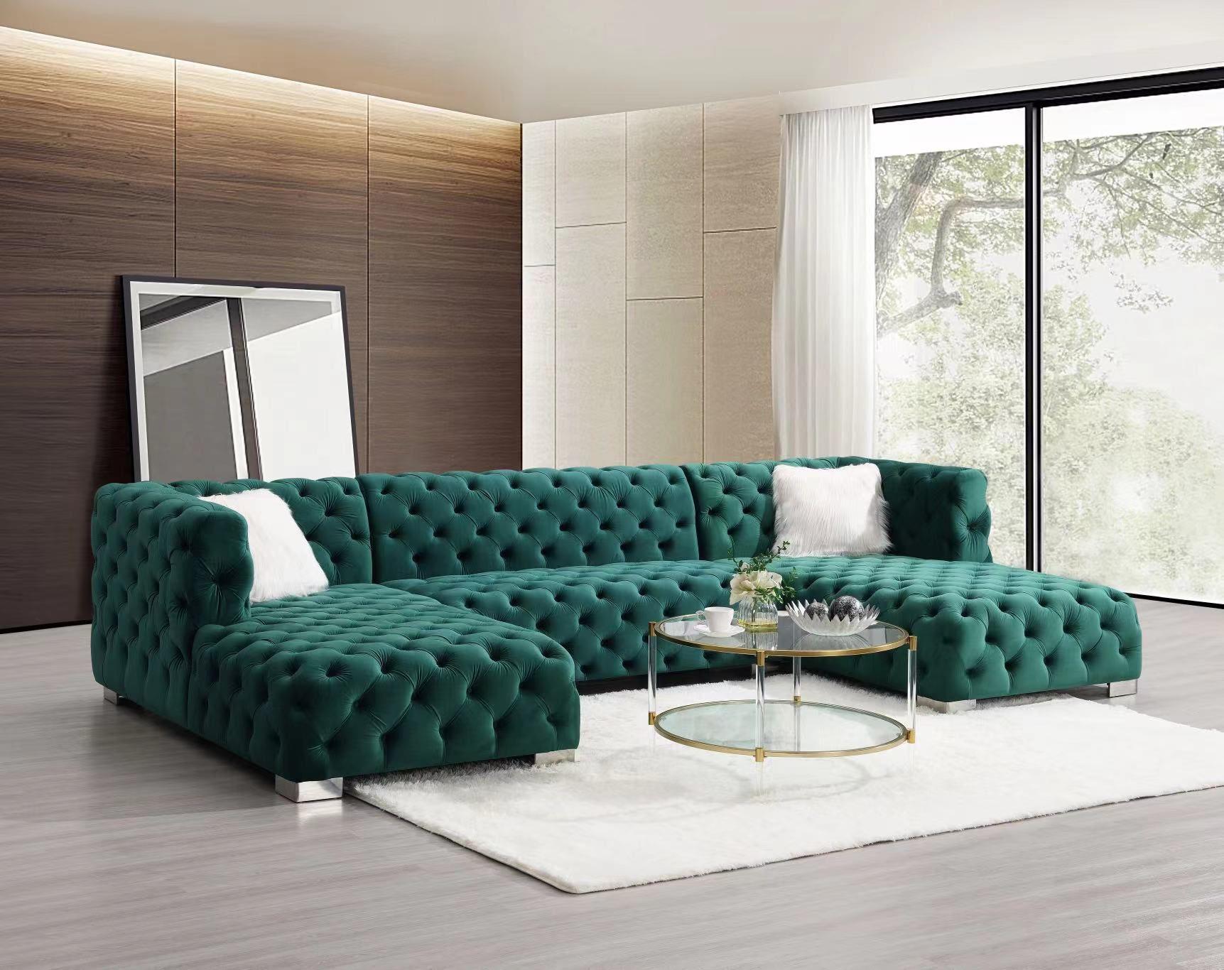 Quinn Green 3 PC Green Velvet Sectional Living Room Set L708-GREEN-3PC-Sectional