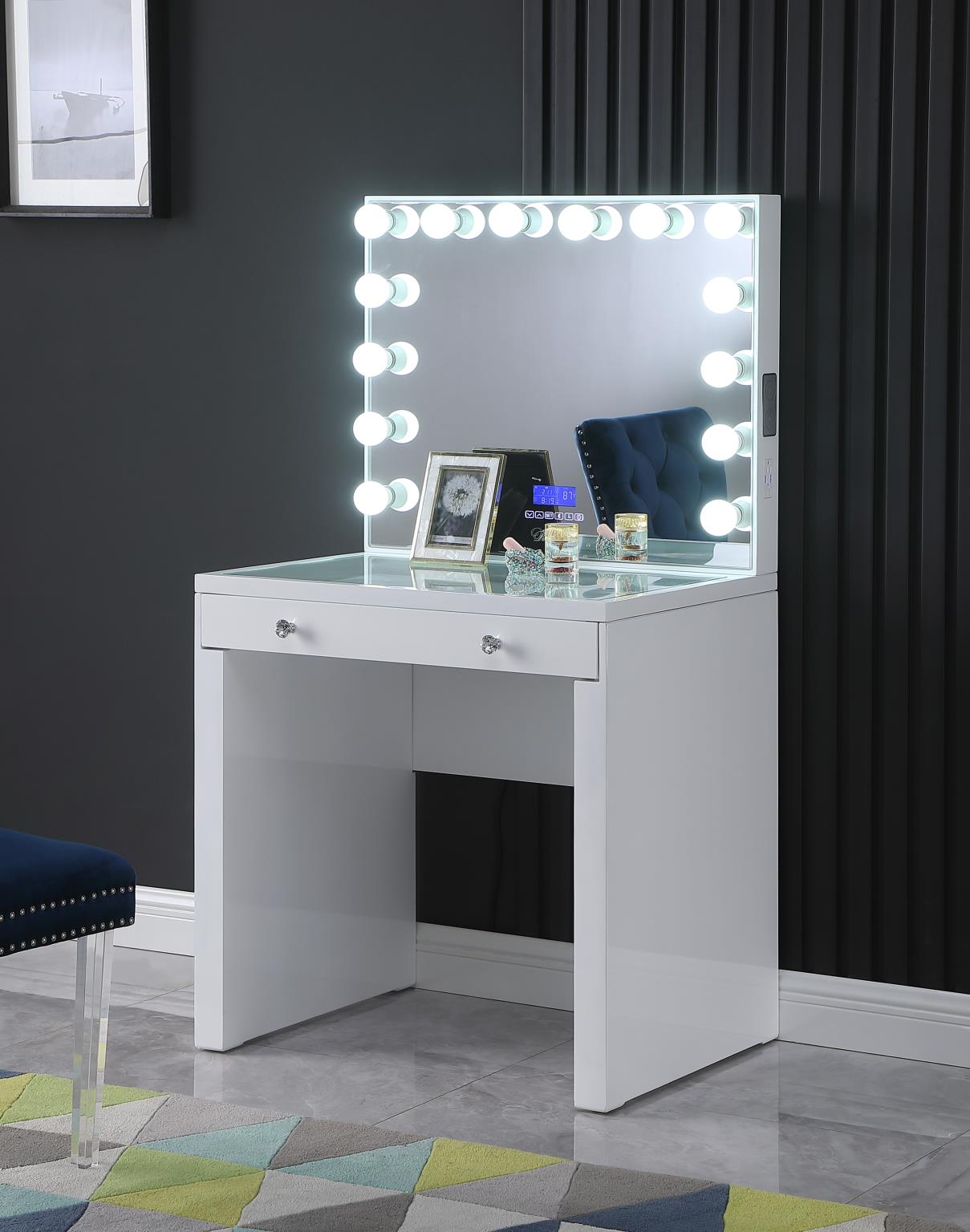 Hollywood White Vanity Desk with Bluetooth Hollywood Mirror V100 Vanity