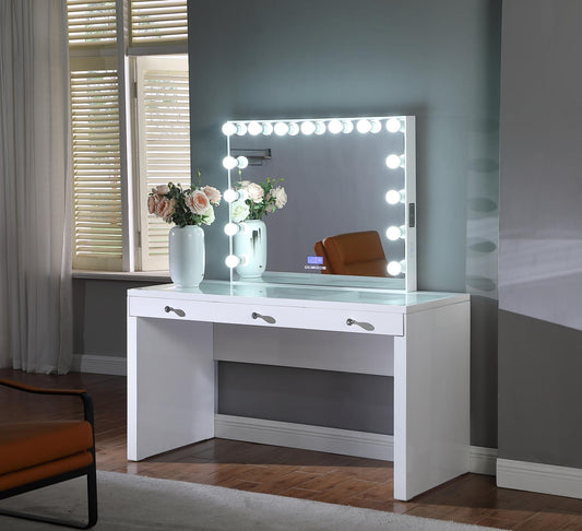 Hollywood White Vanity Desk with Bluetooth Hollywood Mirror V200 Vanity