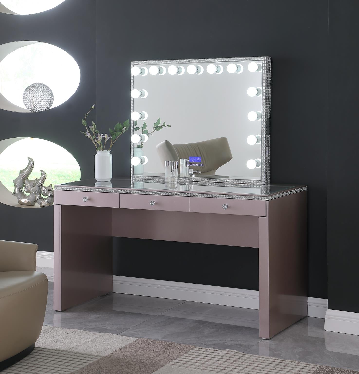 Hollywood Rose Gold Vanity Desk with Bluetooth Hollywood Mirror V260 Vanity