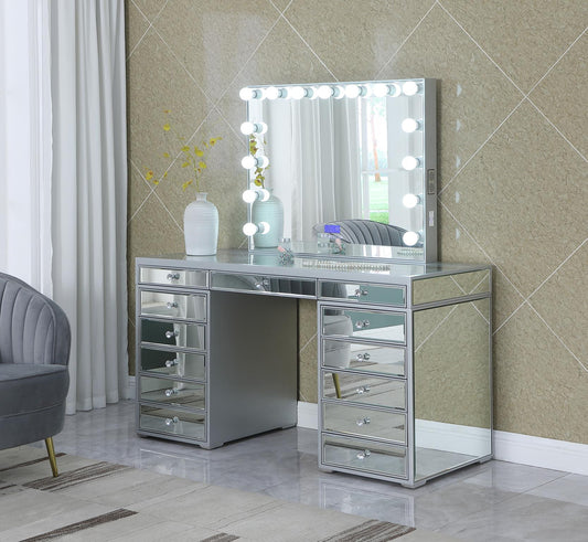 Hollywood Silver Vanity Desk with Bluetooth Hollywood Mirror V400 Vanity