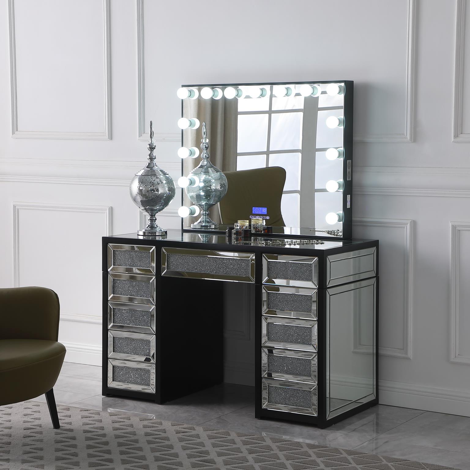 Hollywood Black Vanity Desk with Bluetooth Hollywood Mirror V455 Vanity