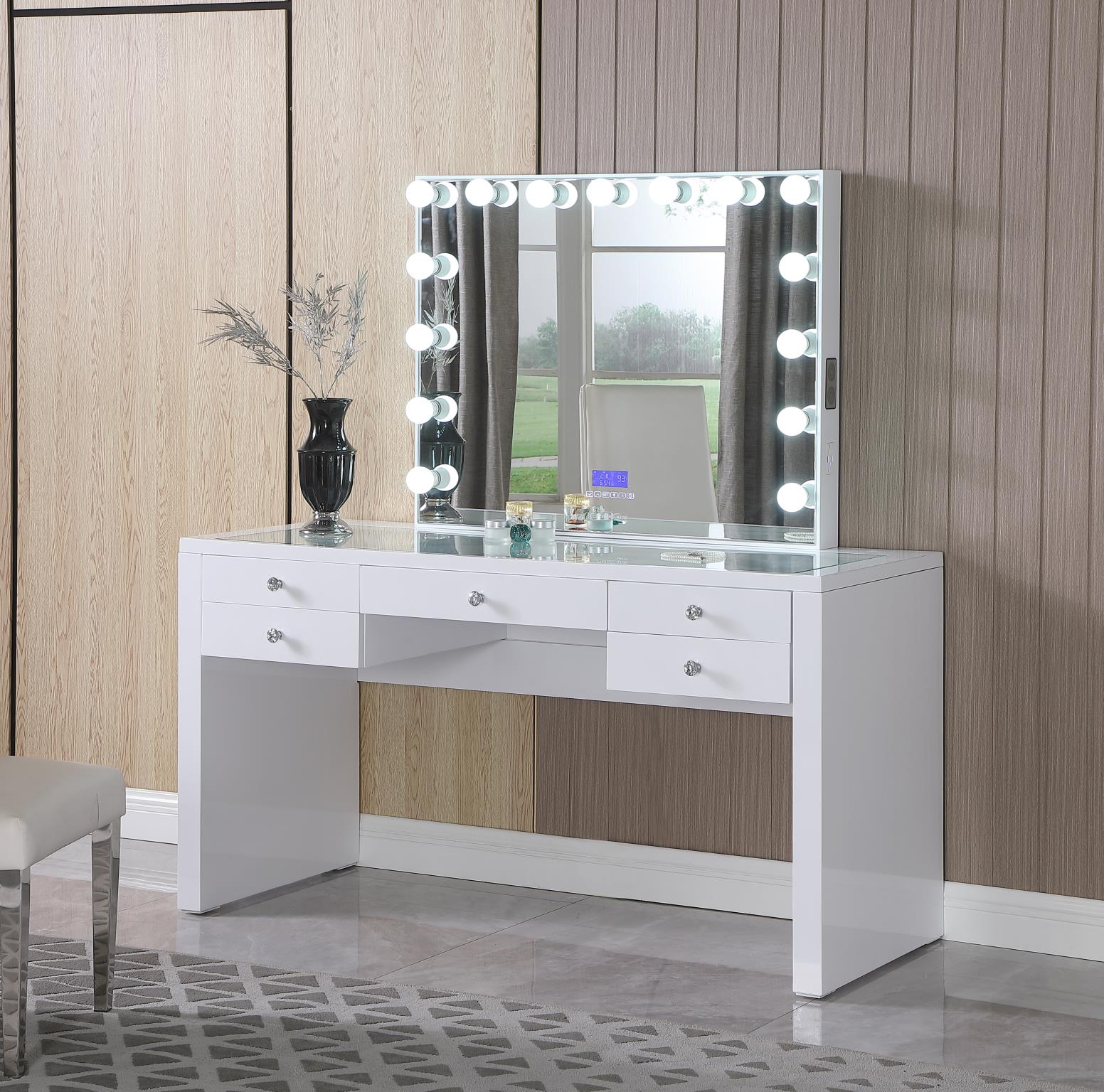 Hollywood White Vanity Desk with Bluetooth Hollywood Mirror V500 Vanity